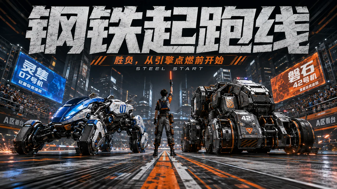 钢铁起跑线:未来城市原创机甲竞速热血海报