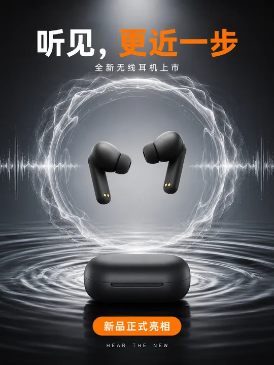 极简声波美学:无线耳机新品上市海报