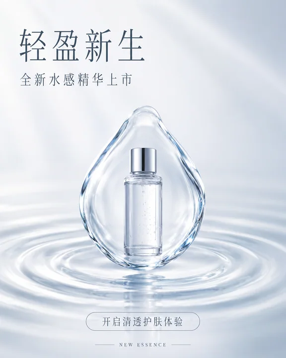 极简冰透水感精华美妆海报