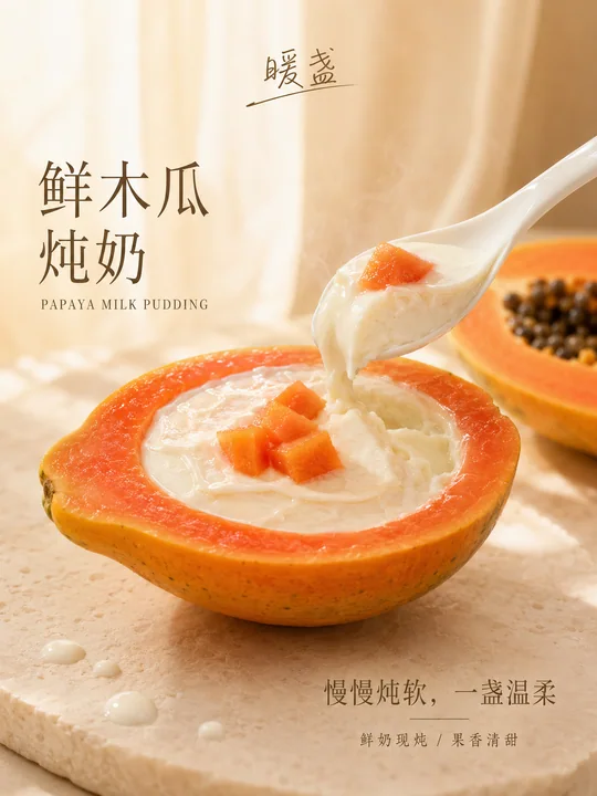 高级感木瓜炖奶商业摄影海报