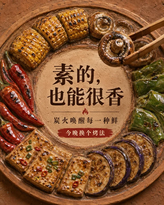 陶土浮雕里的炭烤鲜蔬艺术海报