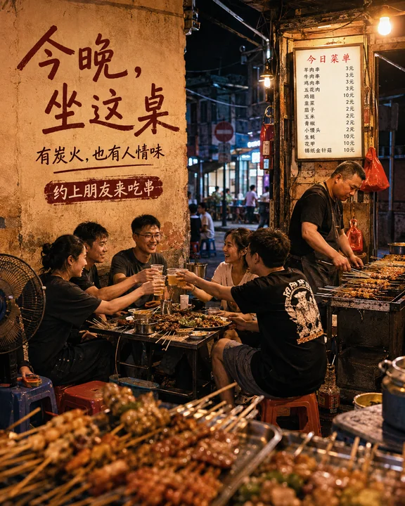 夏夜街头烧烤摊的温暖人情味海报