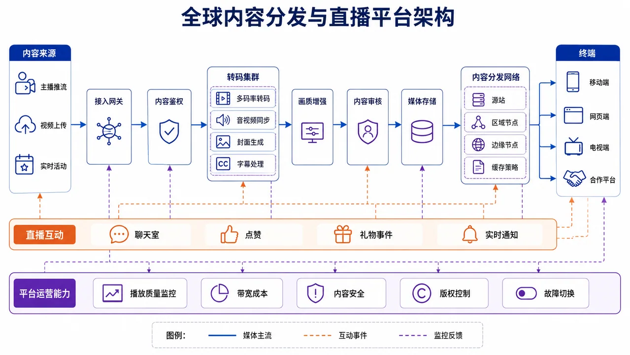 全球内容分发与直播平台技术架构图