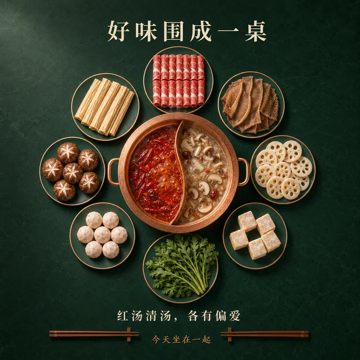 深绿石材桌上的红铜火锅与八盘食材花卉