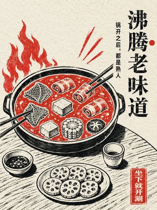 极简黑红孔版套印老火锅文化海报