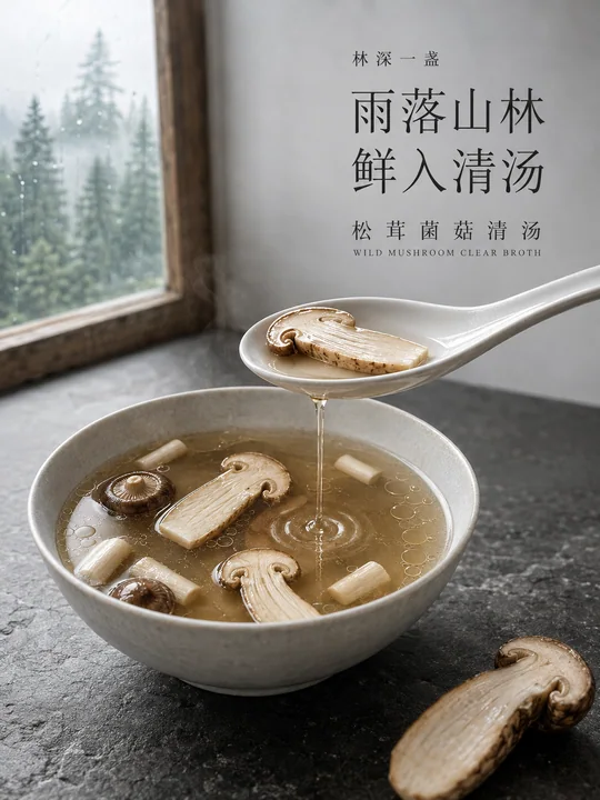 林深一盏：雨后山居松茸菌汤品牌海报