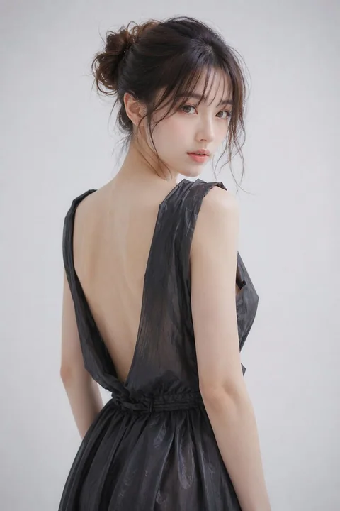 极简主义黑色礼服东亚女性侧影人像