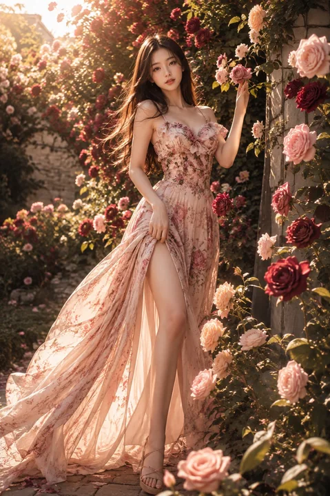 花丛中优雅斜靠的礼服模特