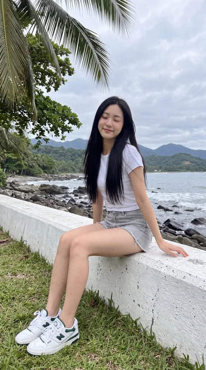 海边防波堤上的东亚年轻女子写实摄影
