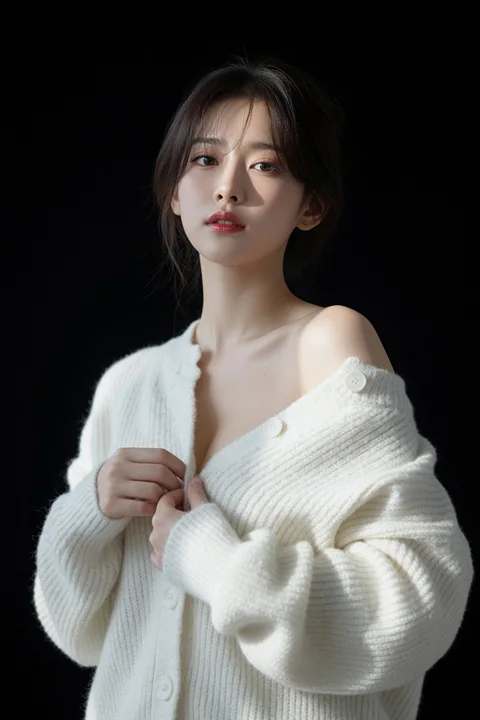 象牙白开衫东亚女性室内暗调人像