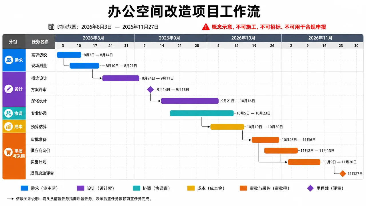 企业办公空间改造概念设计工作流甘特图