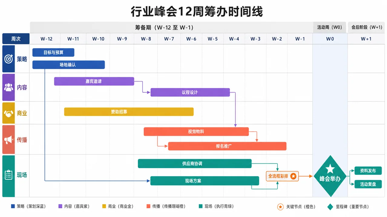 专业线下行业峰会12周筹办全流程时间线