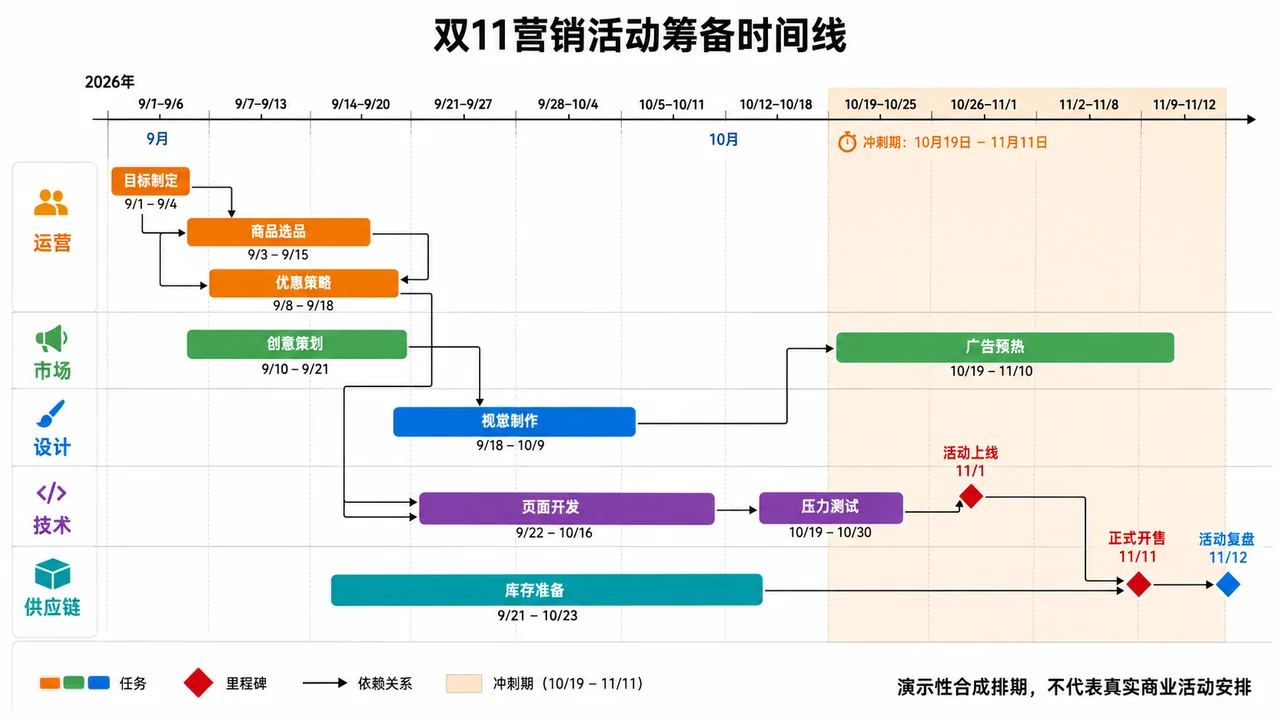 双11电商大促全流程项目排期横向时间线