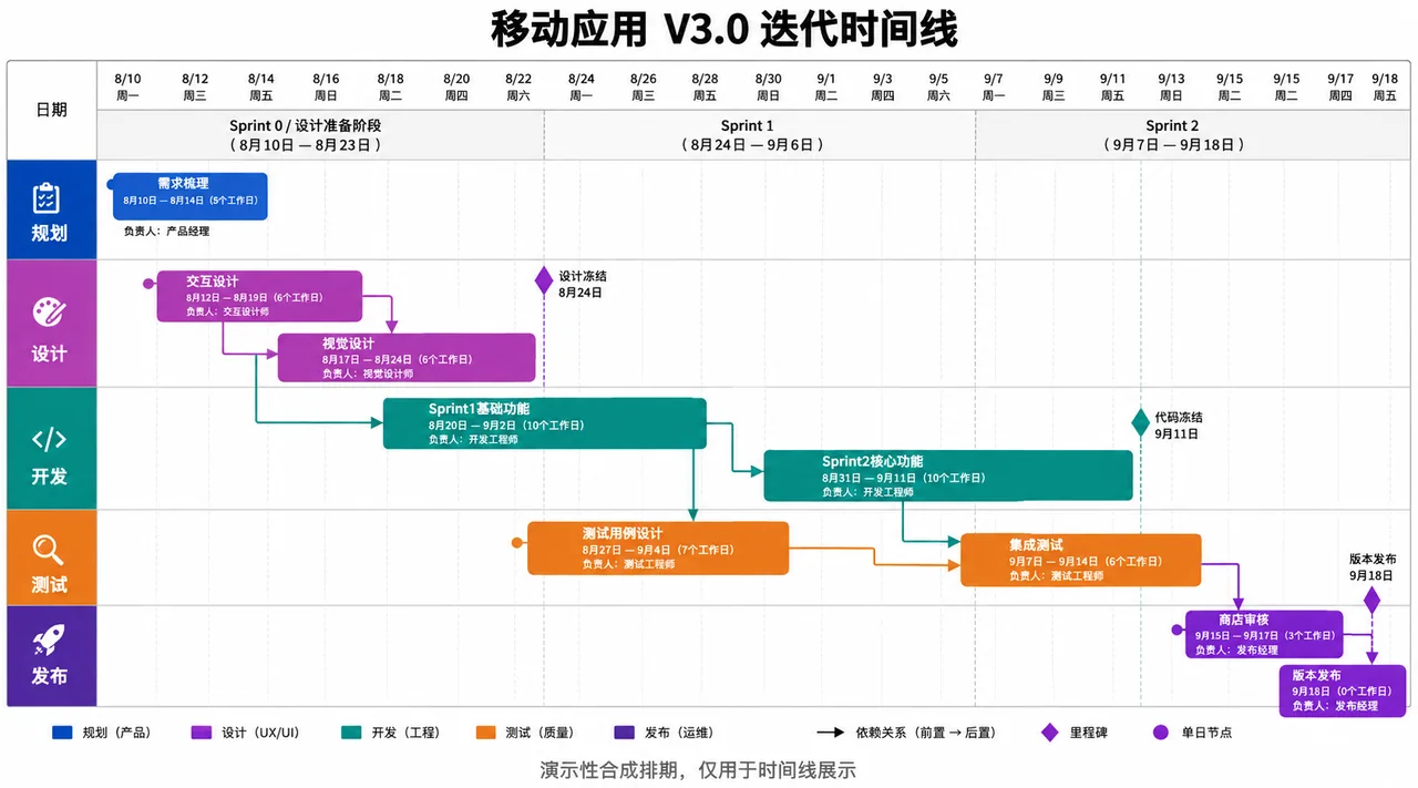 移动应用V3.0迭代敏捷开发时间线图