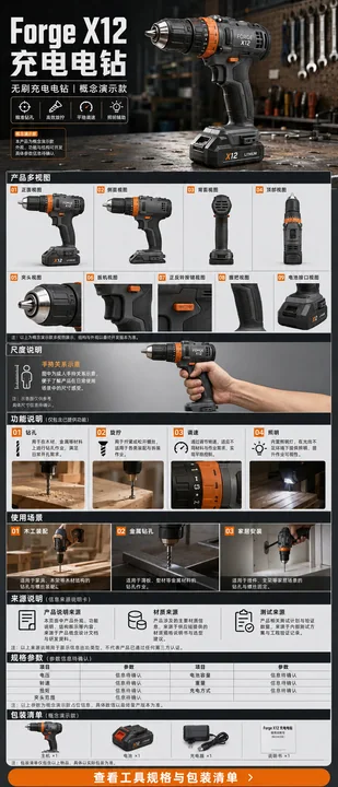 Forge X12 工业风充电电钻详情页设计