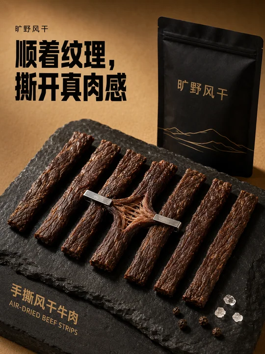 旷野风干手撕牛肉微距纹理质感海报