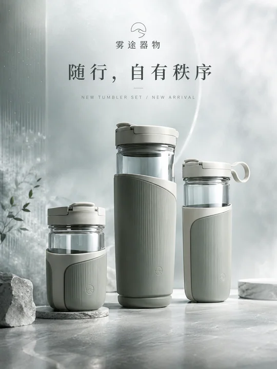 克制美学:雾绿灰随行杯套组新品发布海报
