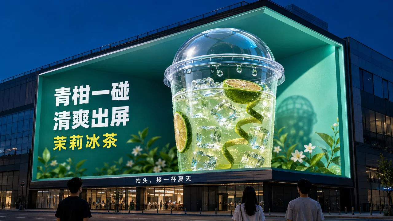 都市巨幕裸眼3D青柑茉莉冰茶广告