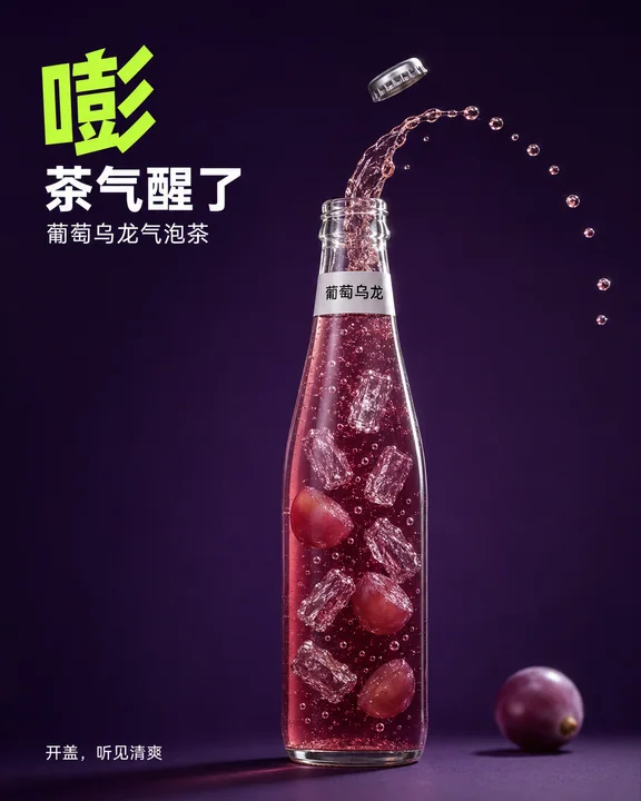 嘭！葡萄乌龙气泡茶开盖瞬间海报