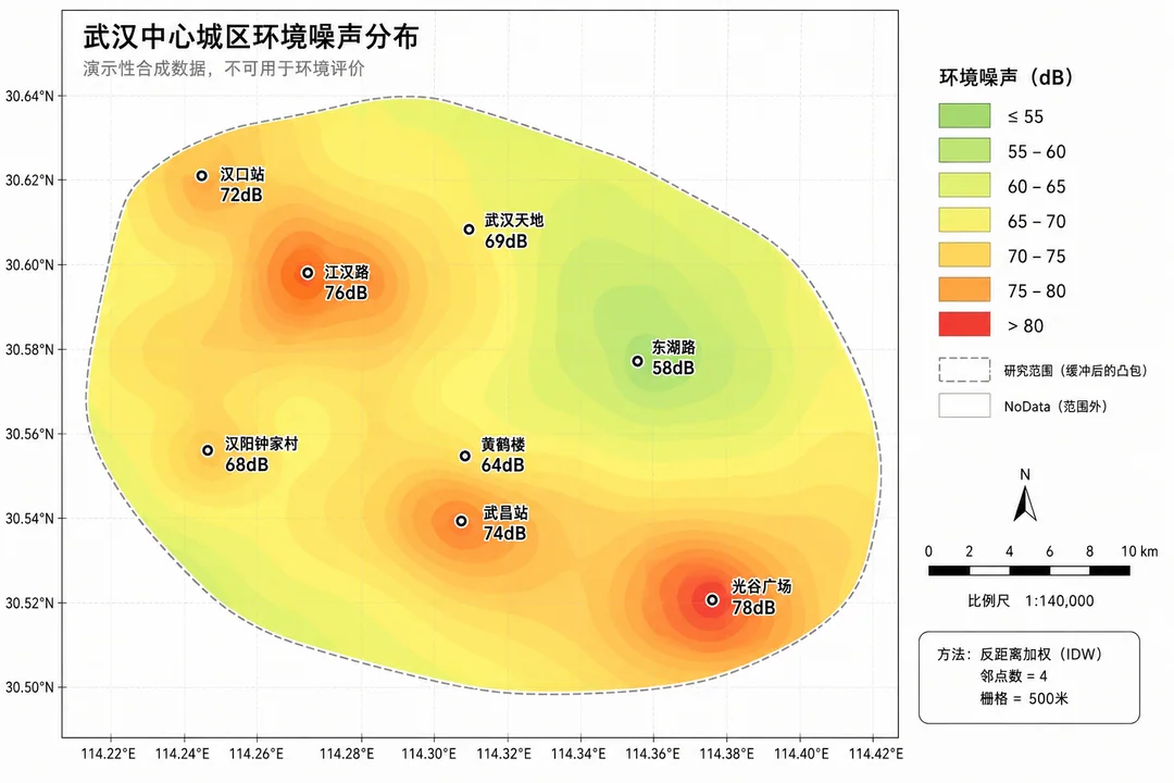 武汉中心城区环境噪声分布空间插值热力图