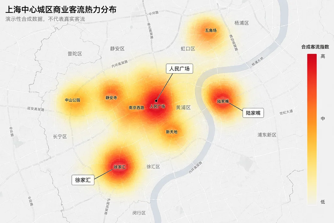 上海中心城区商业客流核密度热力分布图