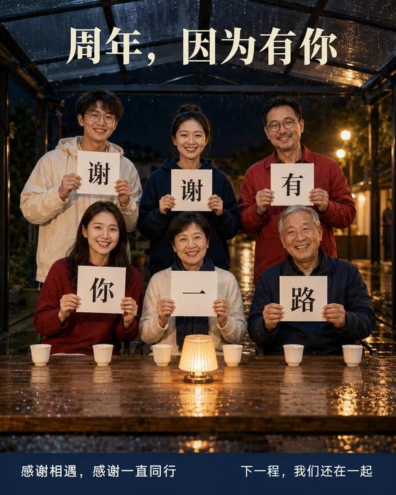 雨夜社区长桌周年庆温情海报