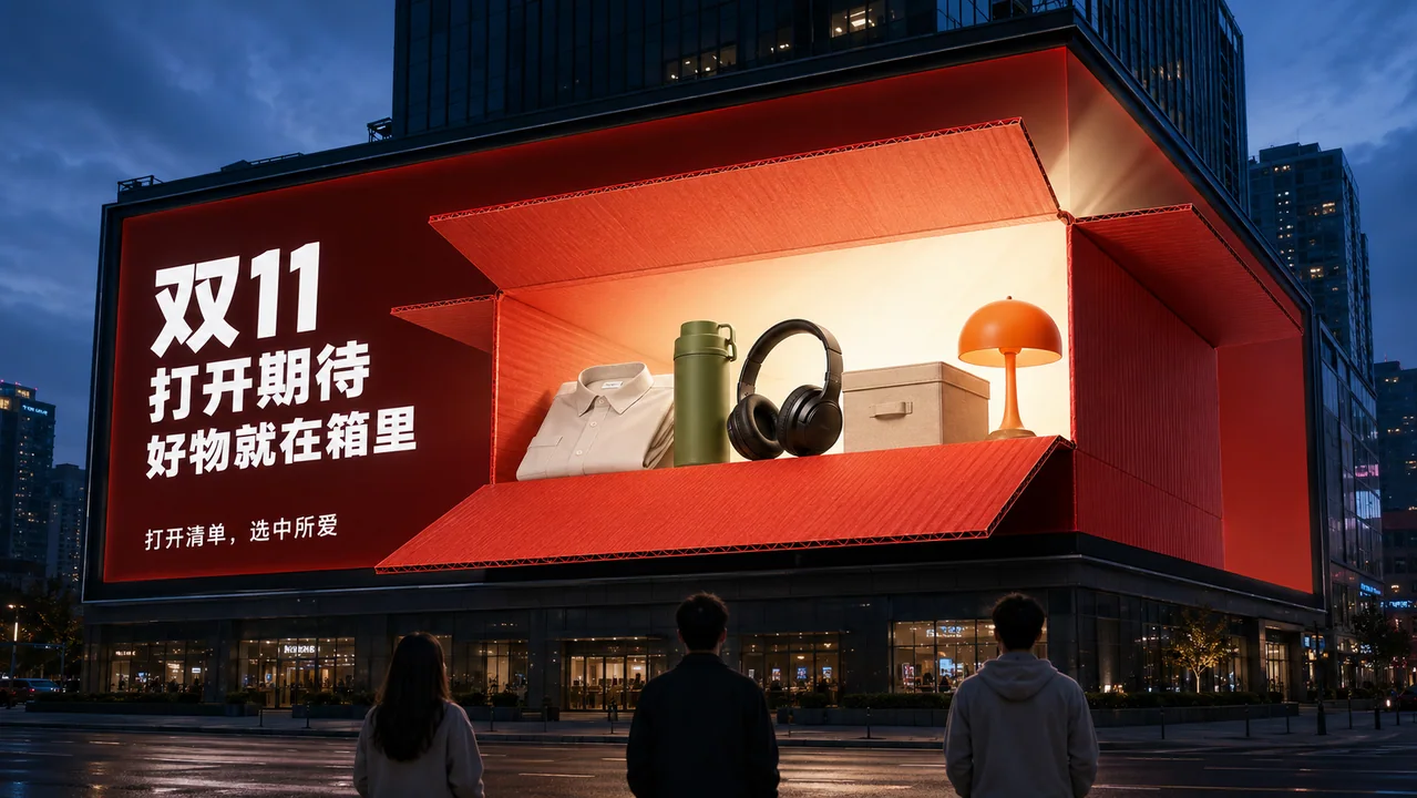 城市巨幕震撼来袭：双11红盒破屏瞬间