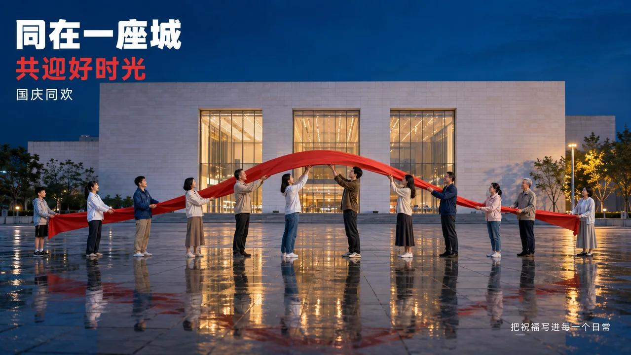 蓝调时刻下共同托举的城市节奏国庆海报