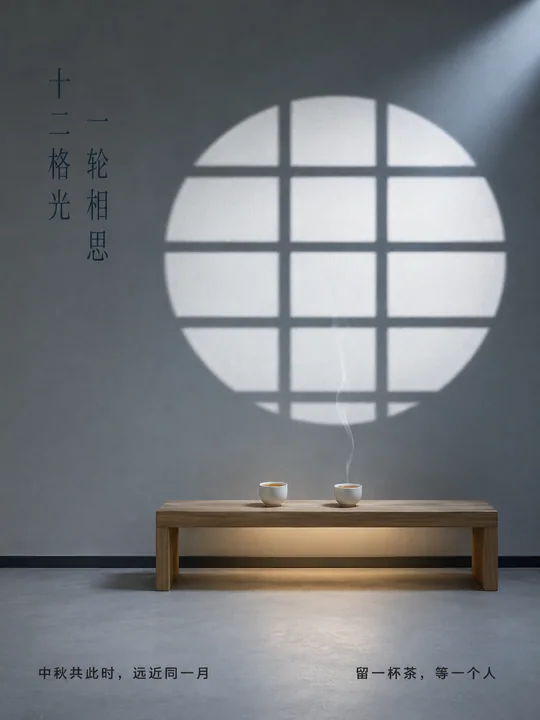 月影格窗：中秋极简主义室内美学海报