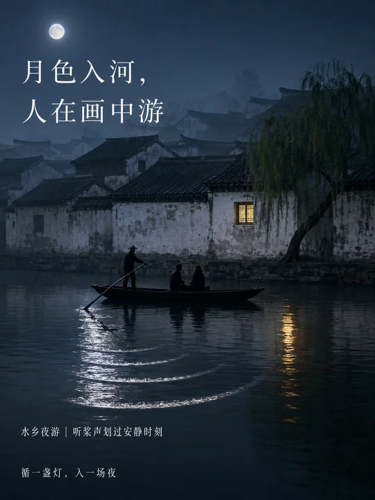 月色入河静谧东方水乡夜游海报