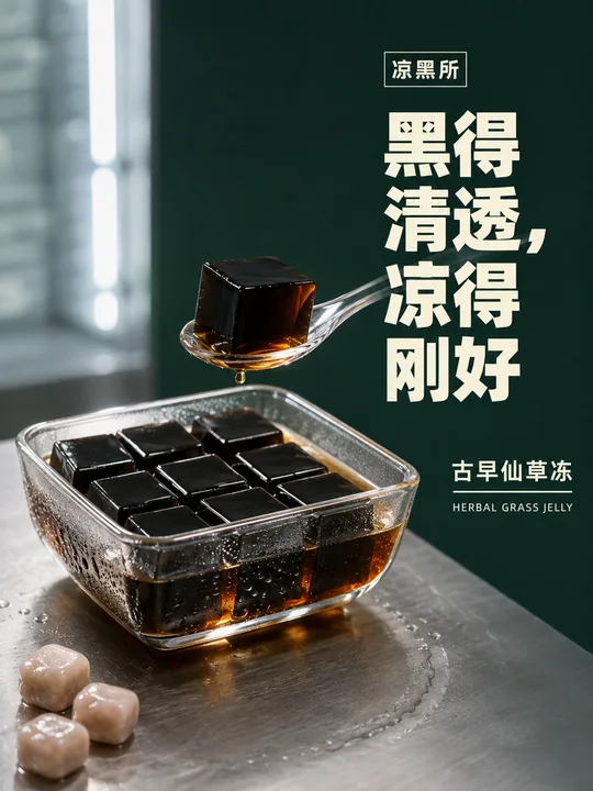 凉黑所古早仙草冻极简美学海报
