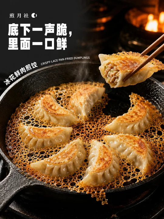 煎月社冰花煎饺焦脆拉丝美食海报