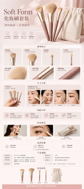 柔雅之境：Soft Form 雾粉金妆刷详情页设计