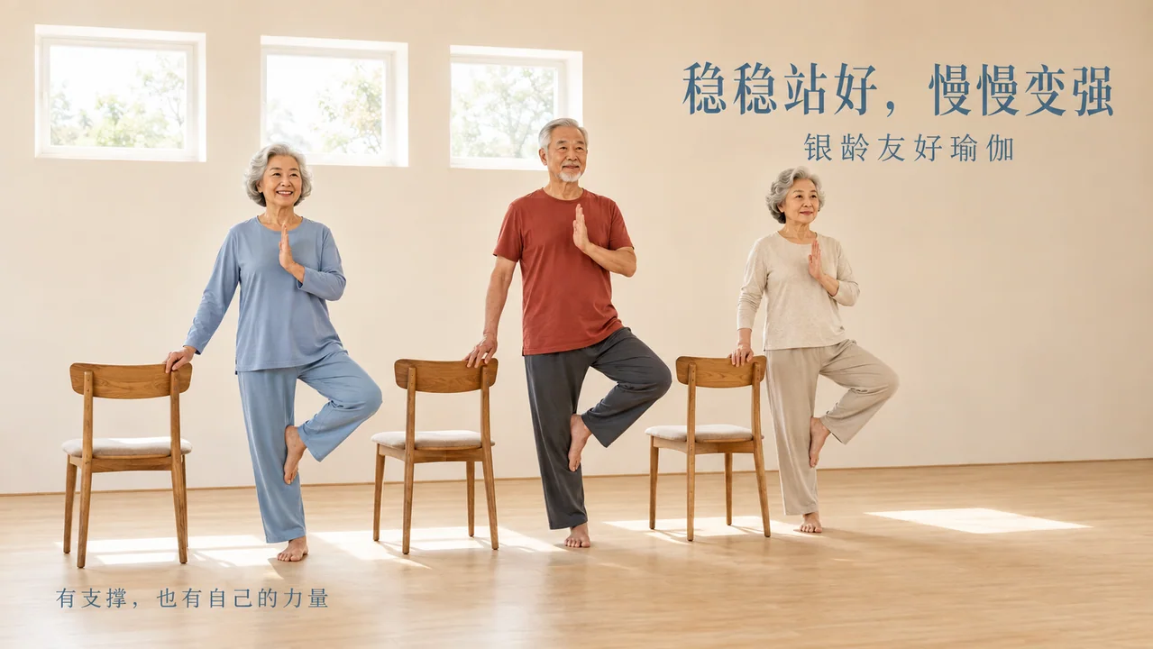 银龄瑜伽海报:稳稳站好慢慢变强