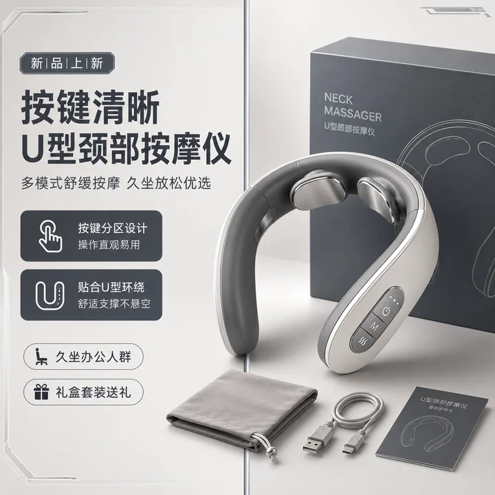 专业U型护颈按摩仪礼盒精控按键主图