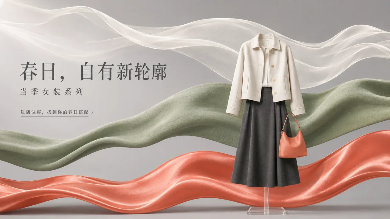 商场大屏春季女装灵动布料动态海报