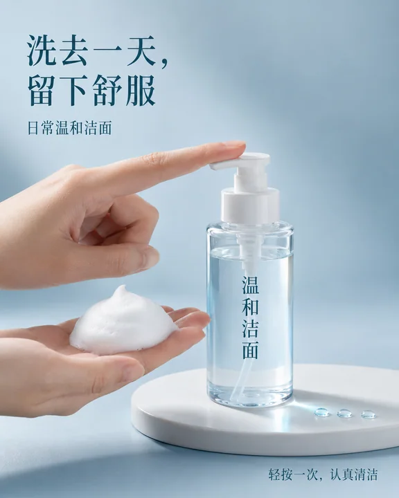雾蓝极简美学：温和洁面商业海报