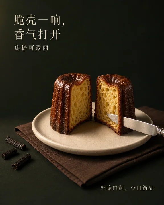 极简深色系焦糖可露丽切面海报