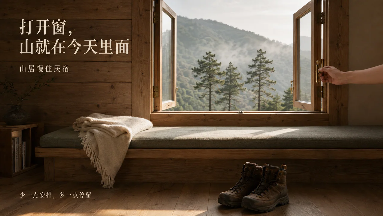 清晨推窗见山的慢生活意境海报