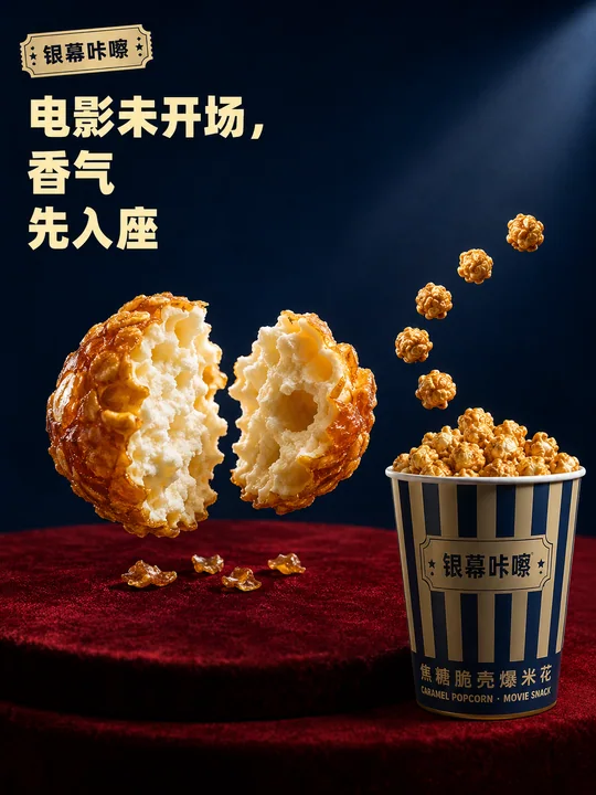 银幕咔嚓：极简电影感焦糖爆米花海报