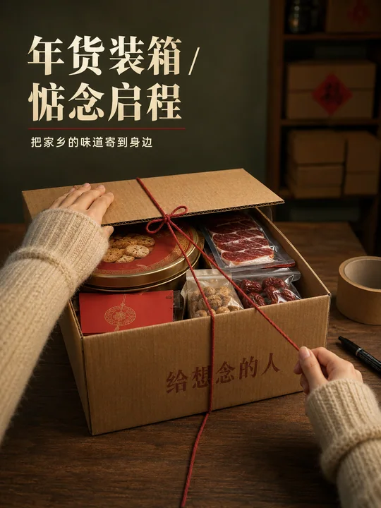 快递箱里的家乡味:年货节情感视觉海报