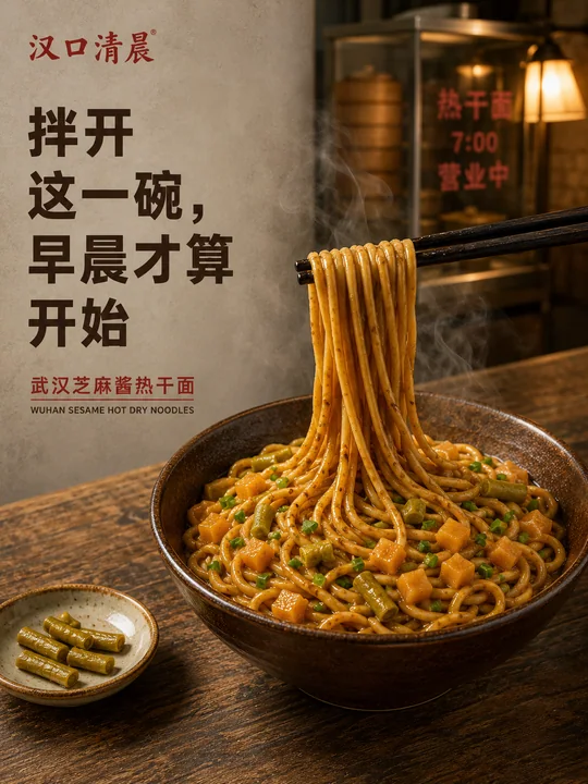 汉口清晨热干面商业海报：搅拌出的江城烟火气