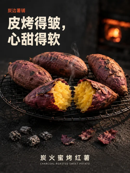 炭边薯铺冬日海报：焦香蜜心烤红薯