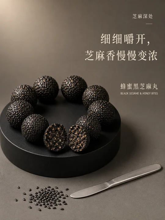 芝麻深处：极简主义黑芝麻丸商业海报