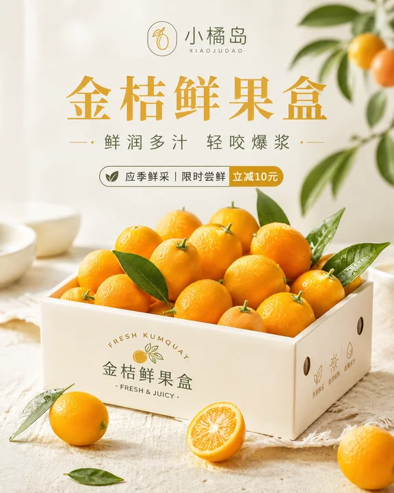金桔鲜果礼盒清新社媒品牌视觉海报