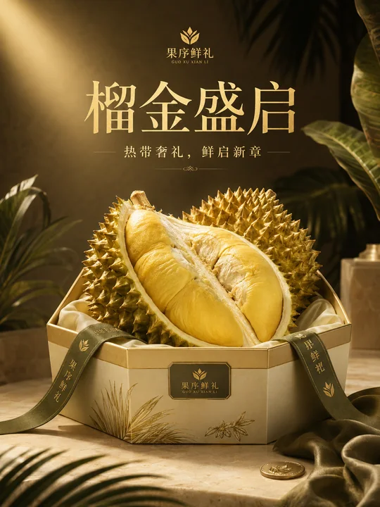 热带极奢金枕榴莲礼盒品牌视觉海报