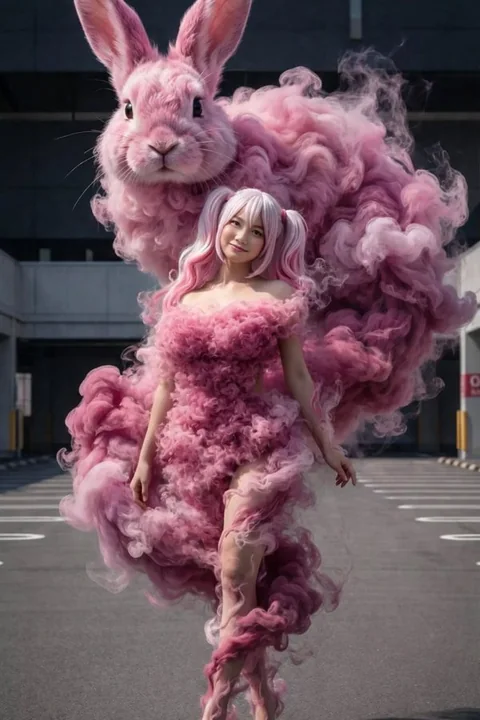 烟雾粉裙少女与巨兔