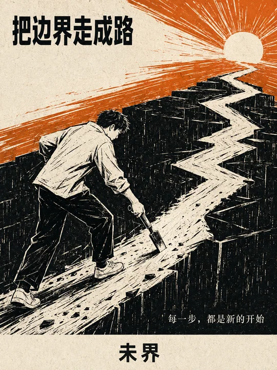 现代木刻版画风格未界品牌商业态度海报