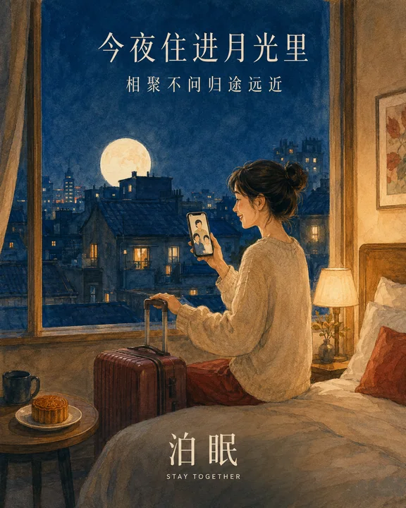 泊眠中秋温情水彩插画