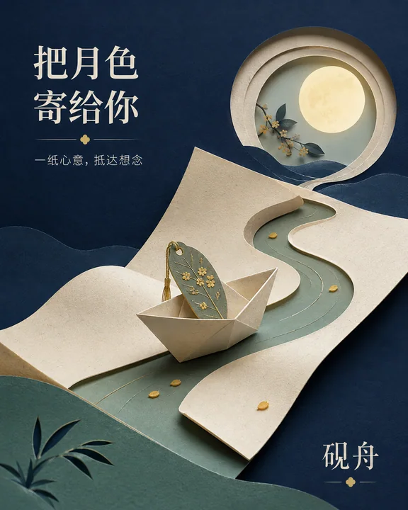 砚舟中秋纸雕插画:折一封情深意切的思念信